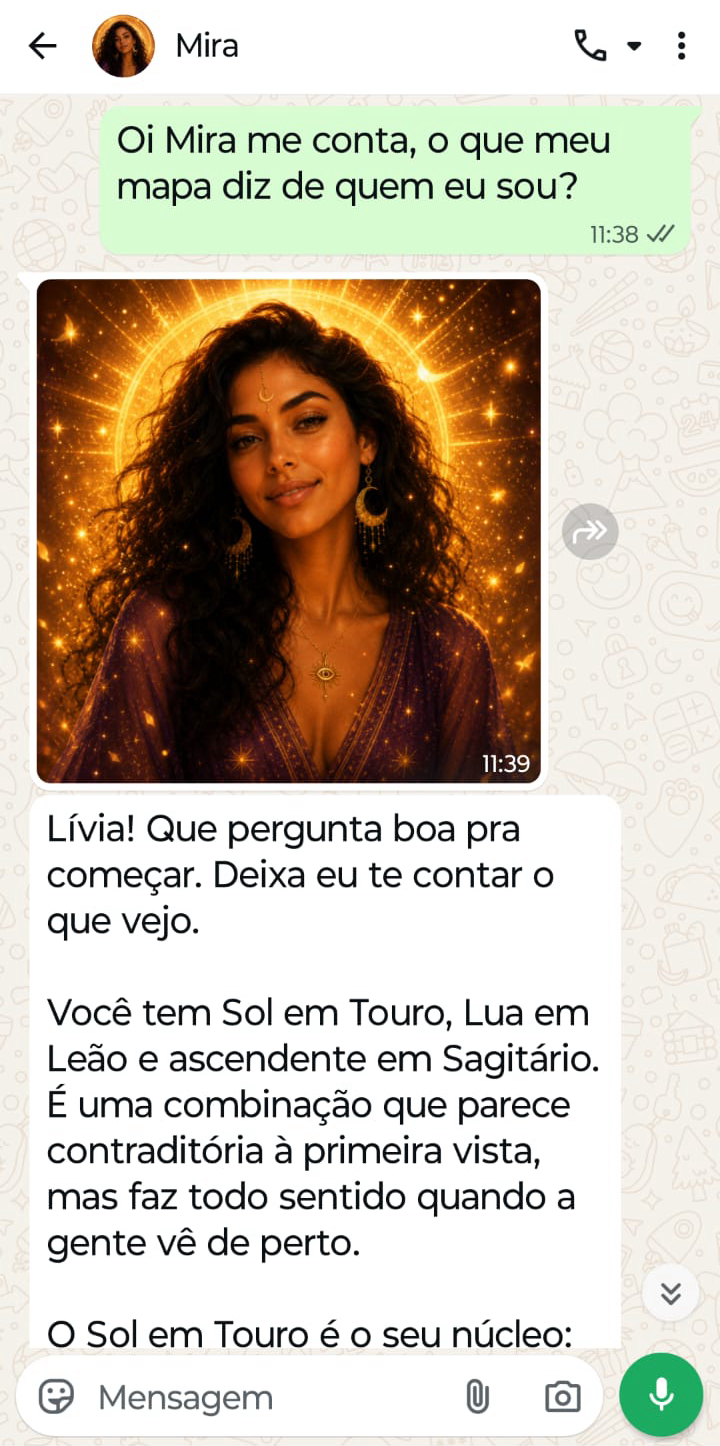 A Mira lendo teu mapa no WhatsApp